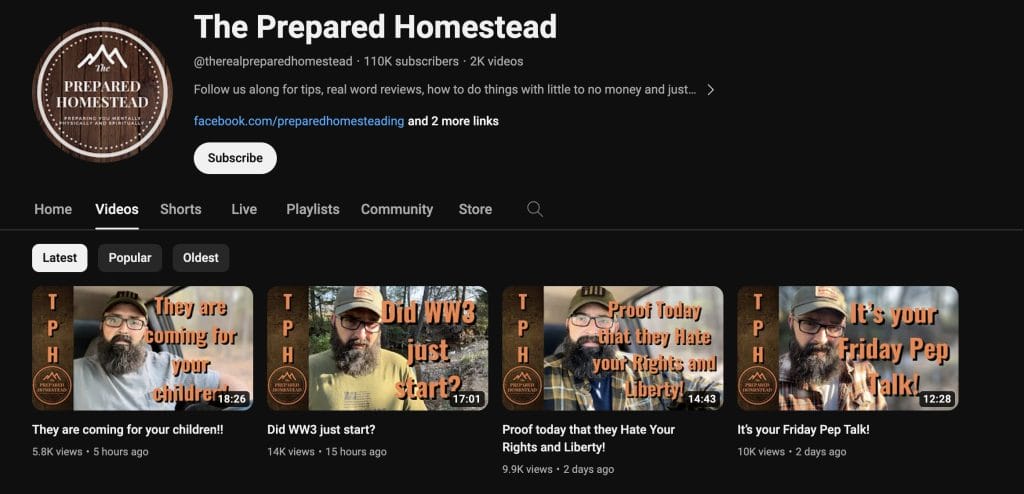 A screenshot of the YouTube channel "The Prepared Homestead"